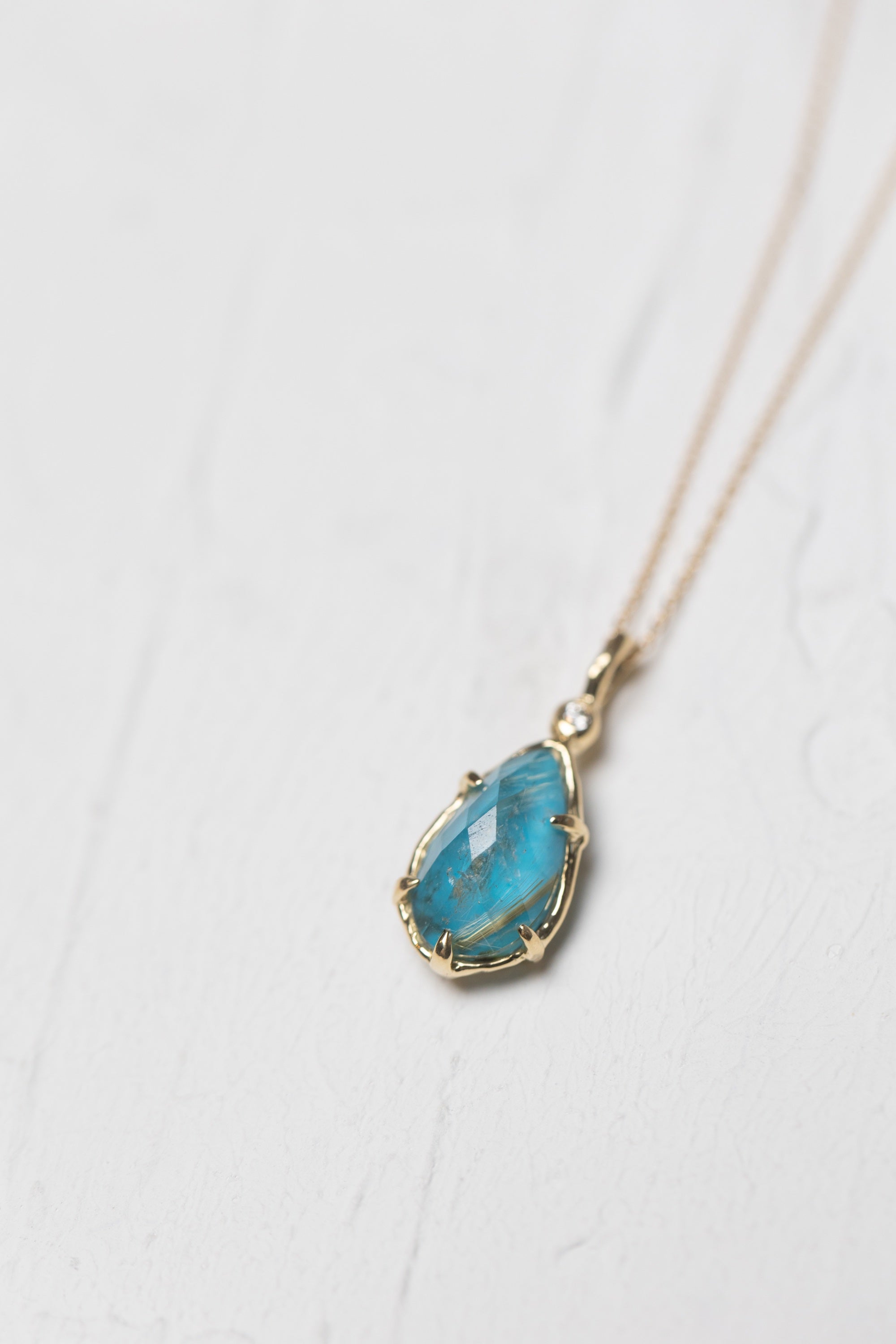 Tear-shaped Turquoise and Rutilated Quartz Doublet Necklace (18k)