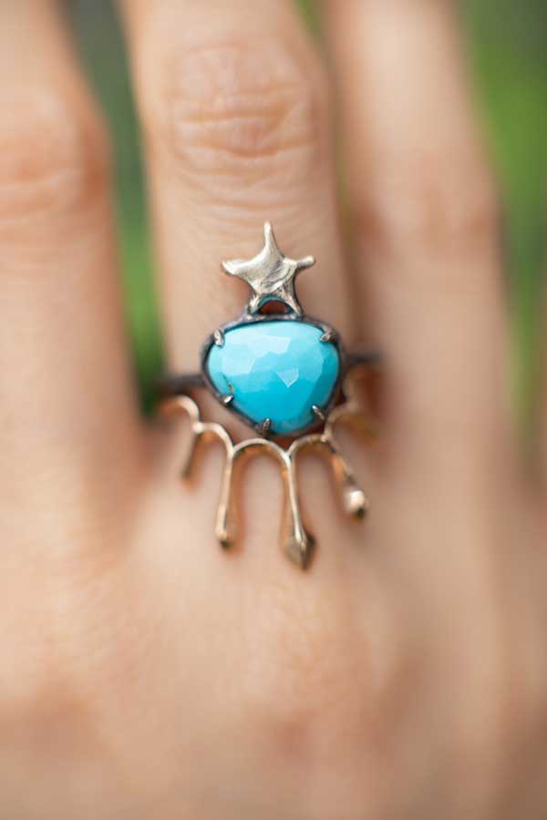 Oxidized Silver Ring with Turquoise and a Golden Star