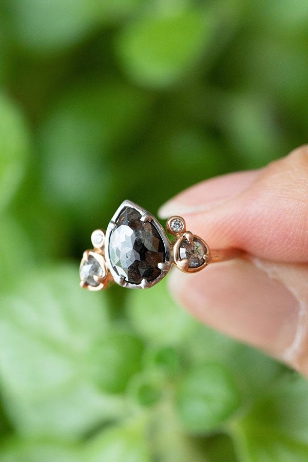 Black Pear Shape Diamond Ring with Side Stones (18k, Pt)