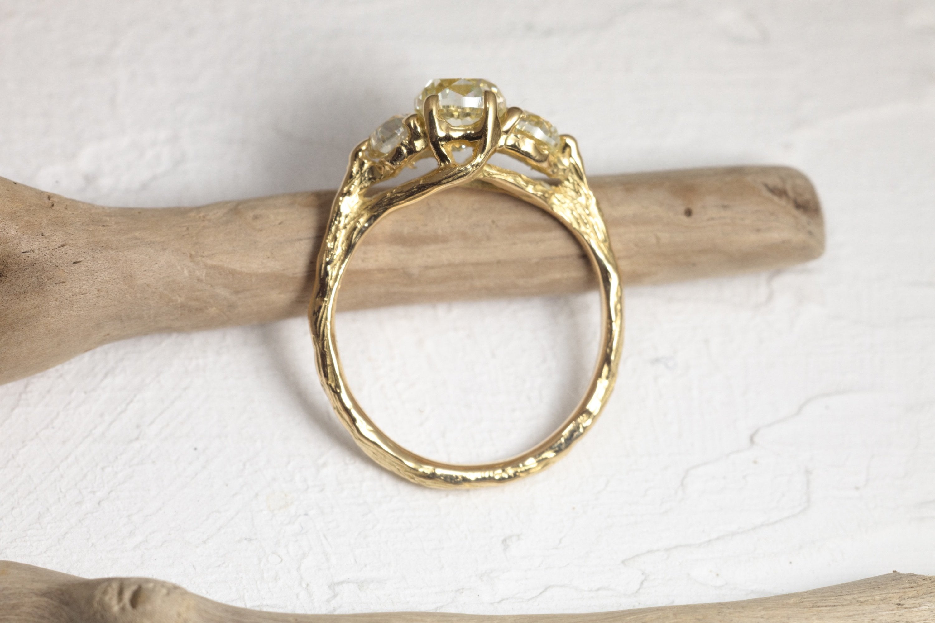 Three Antique Diamond Engagement Ring with Branch Texture (18k)