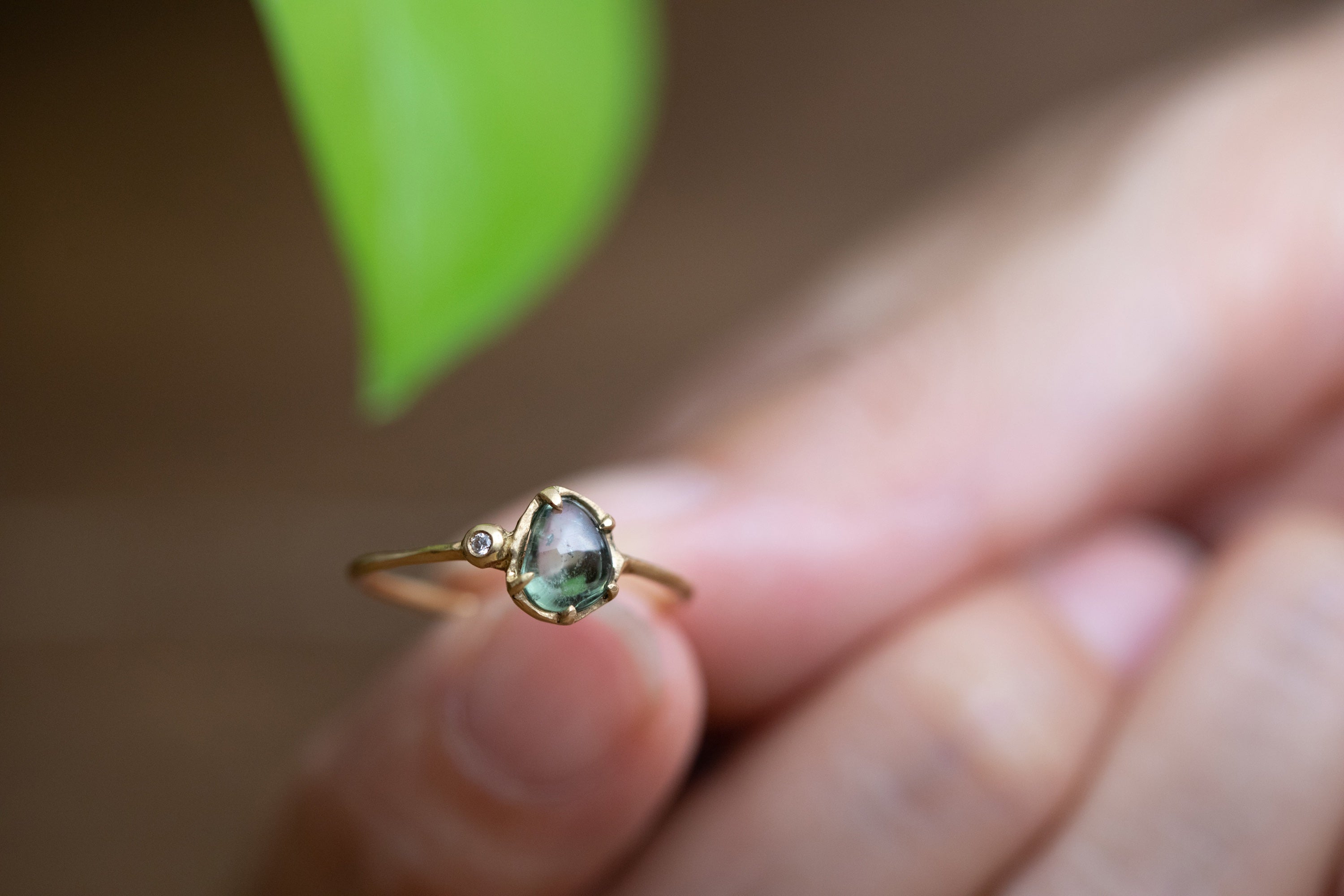 Forest Green Sapphire Ring with One Diamond (18k)