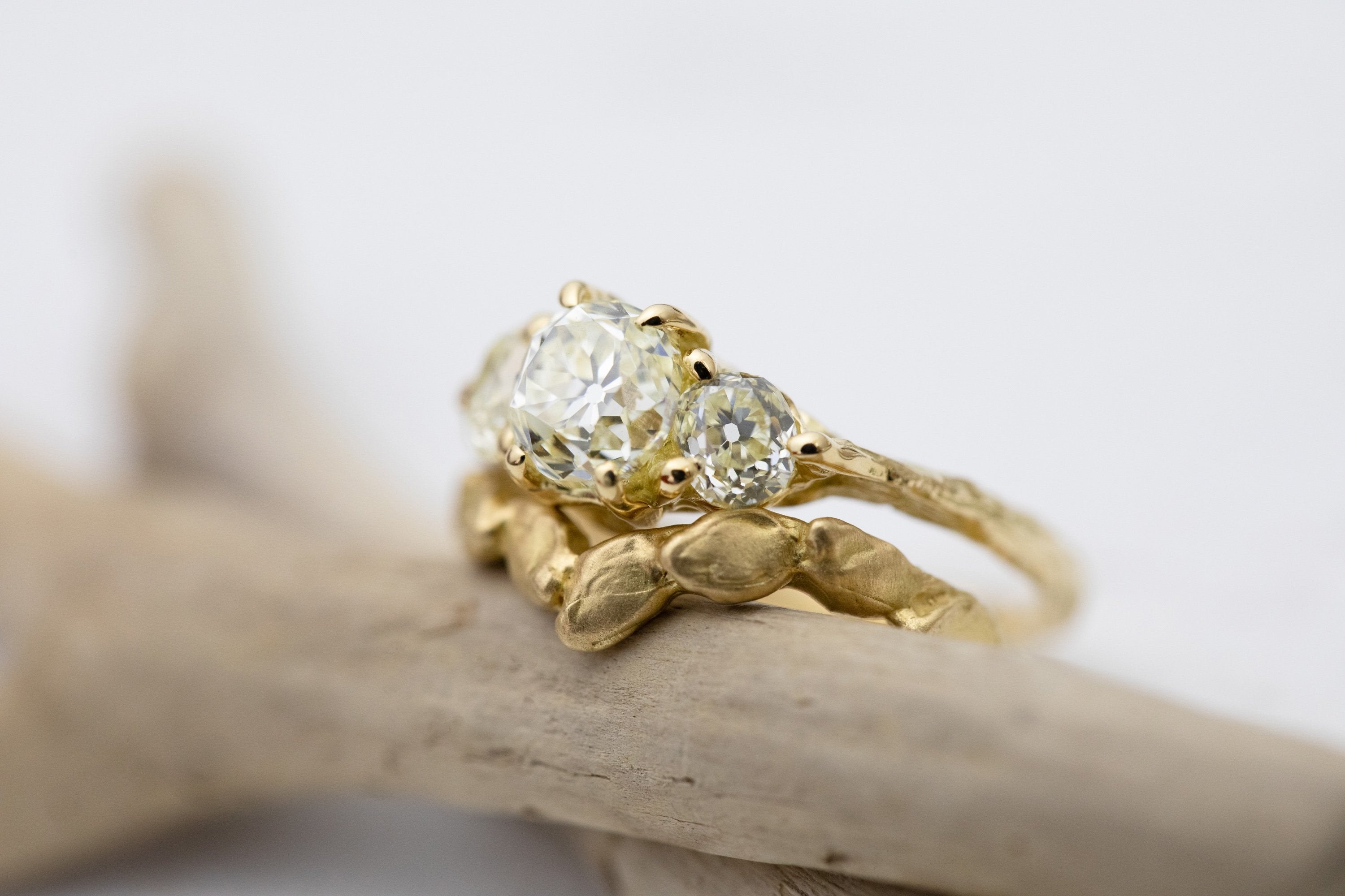 Three Antique Diamond Engagement Ring with Branch Texture (18k)