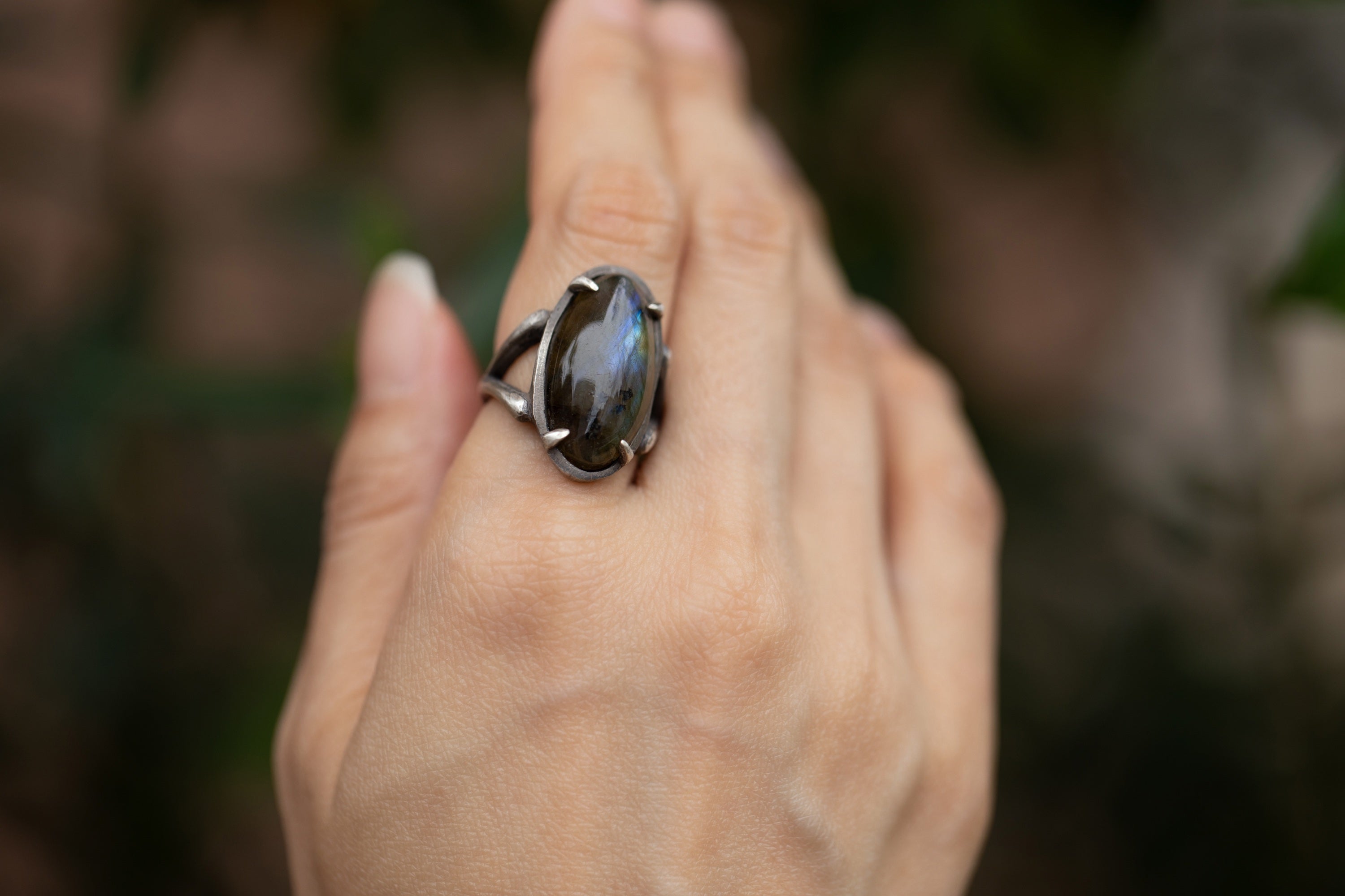 Oval Labradorite Ring in Oxidized Silver