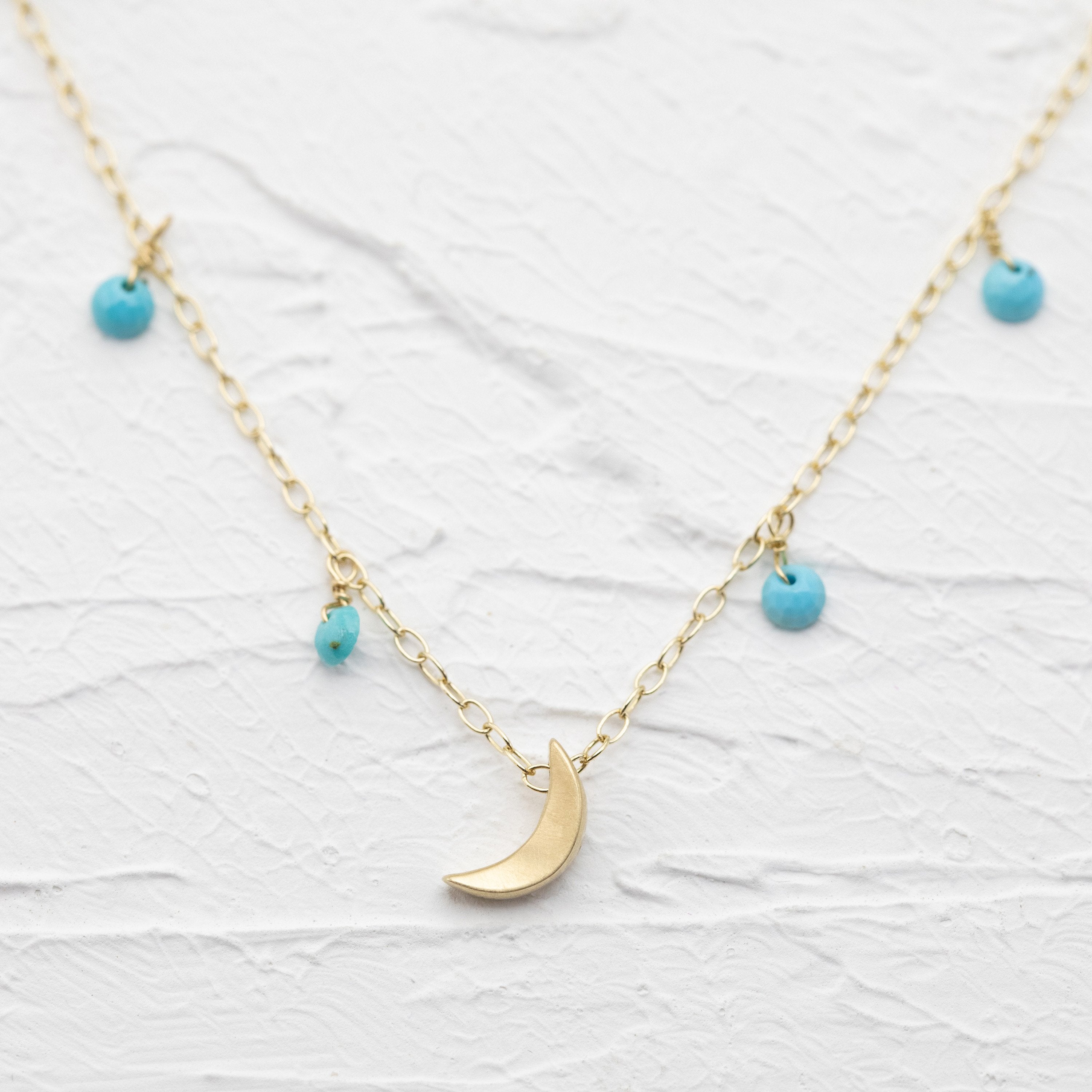 Tiny Turquoise and Tiny Moon Necklace (14k)