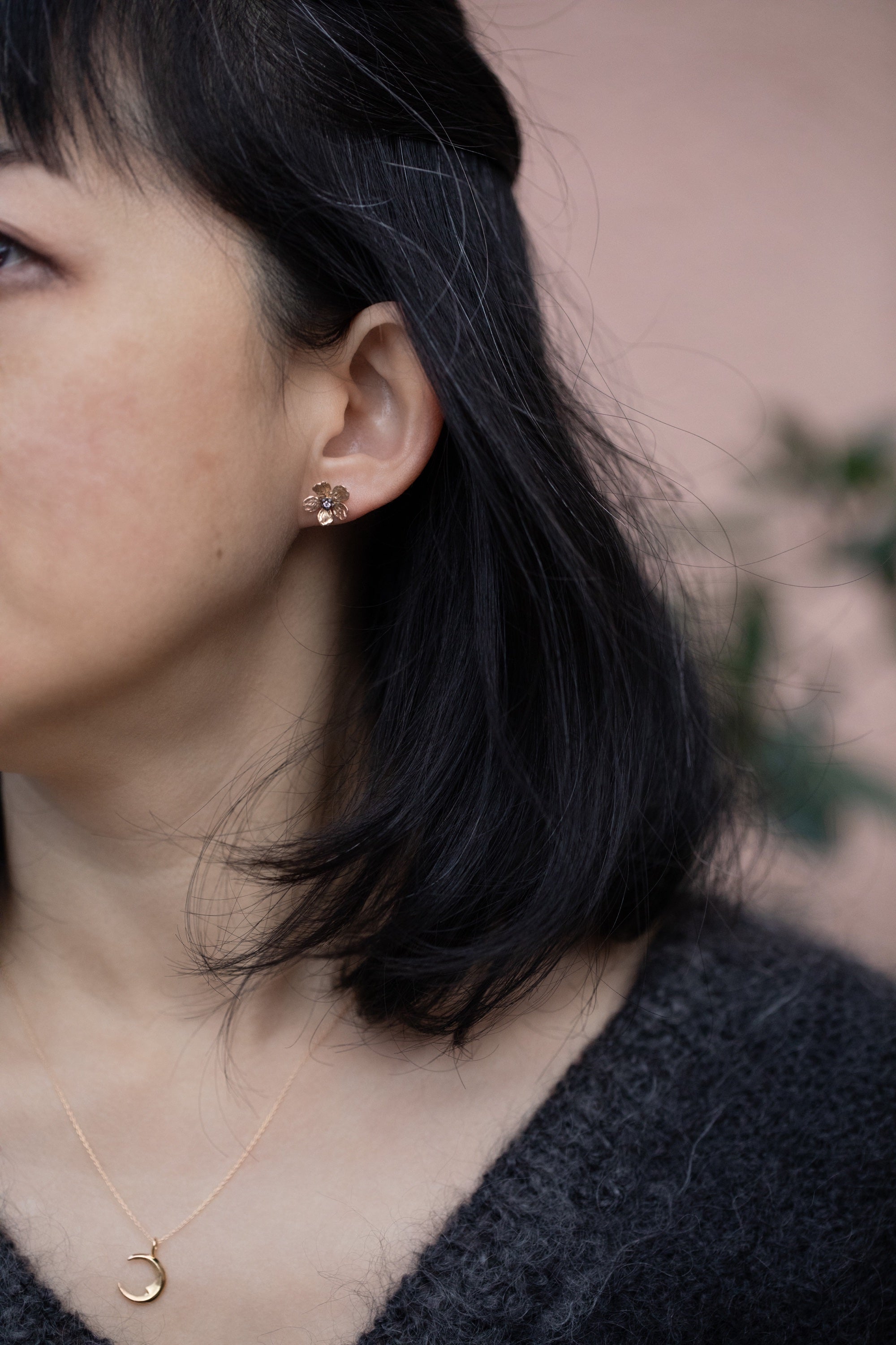 Rose Gold Sakura Stud Earrings with Diamonds (10k)