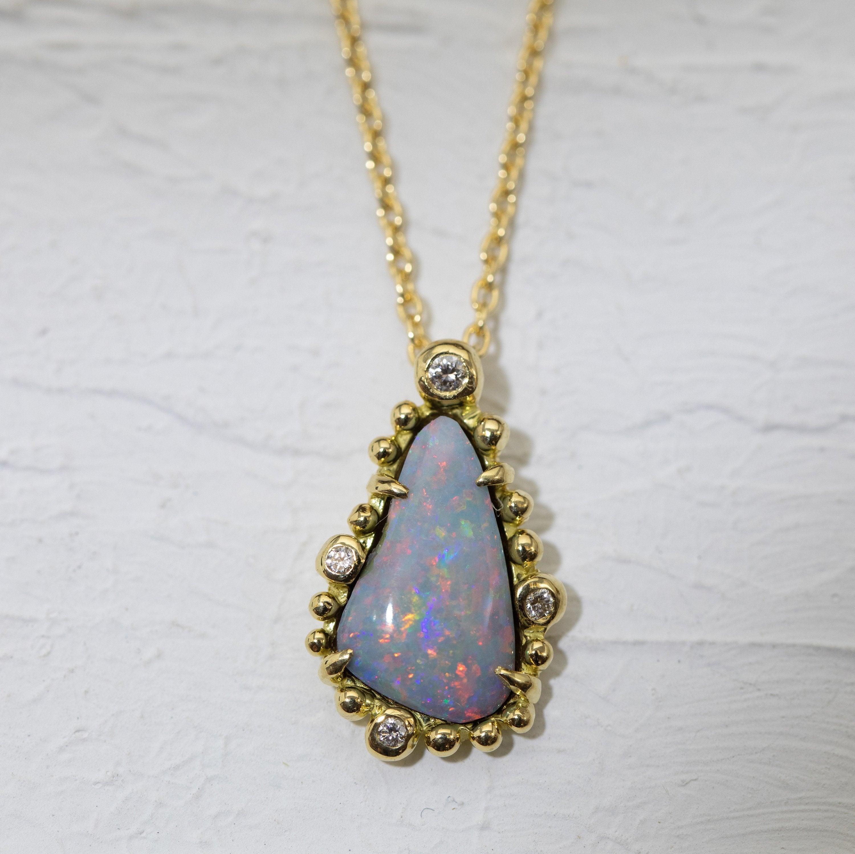 White Rainbow Opal Necklace with Dots and Diamonds (18k)