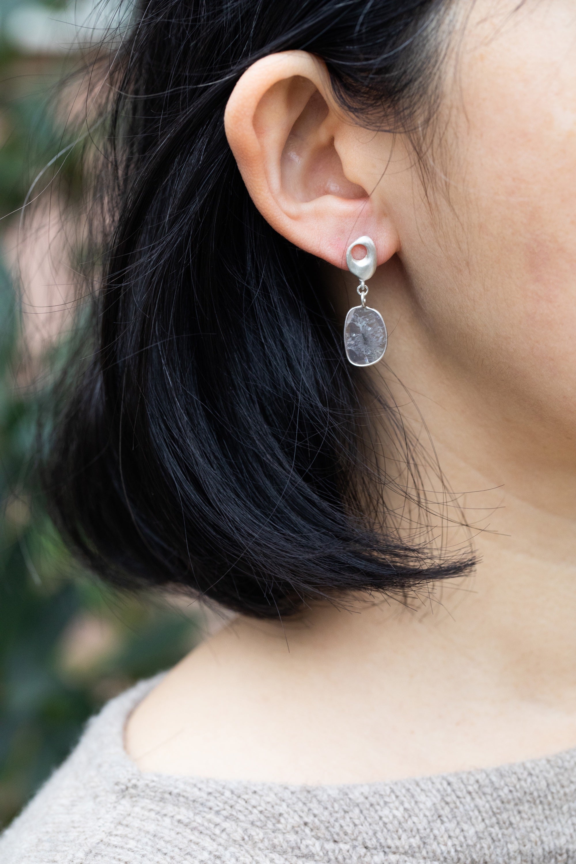 Pebble and Slice Diamond Silver Earrings