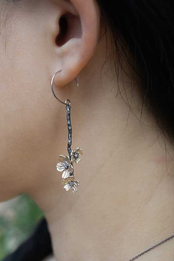 Asymmetrical Rose Gold Sakura Blossoms Earrings