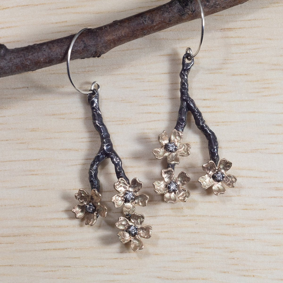 Small Rose Gold Sakura Blossom on Blackened Silver Branch Earrings