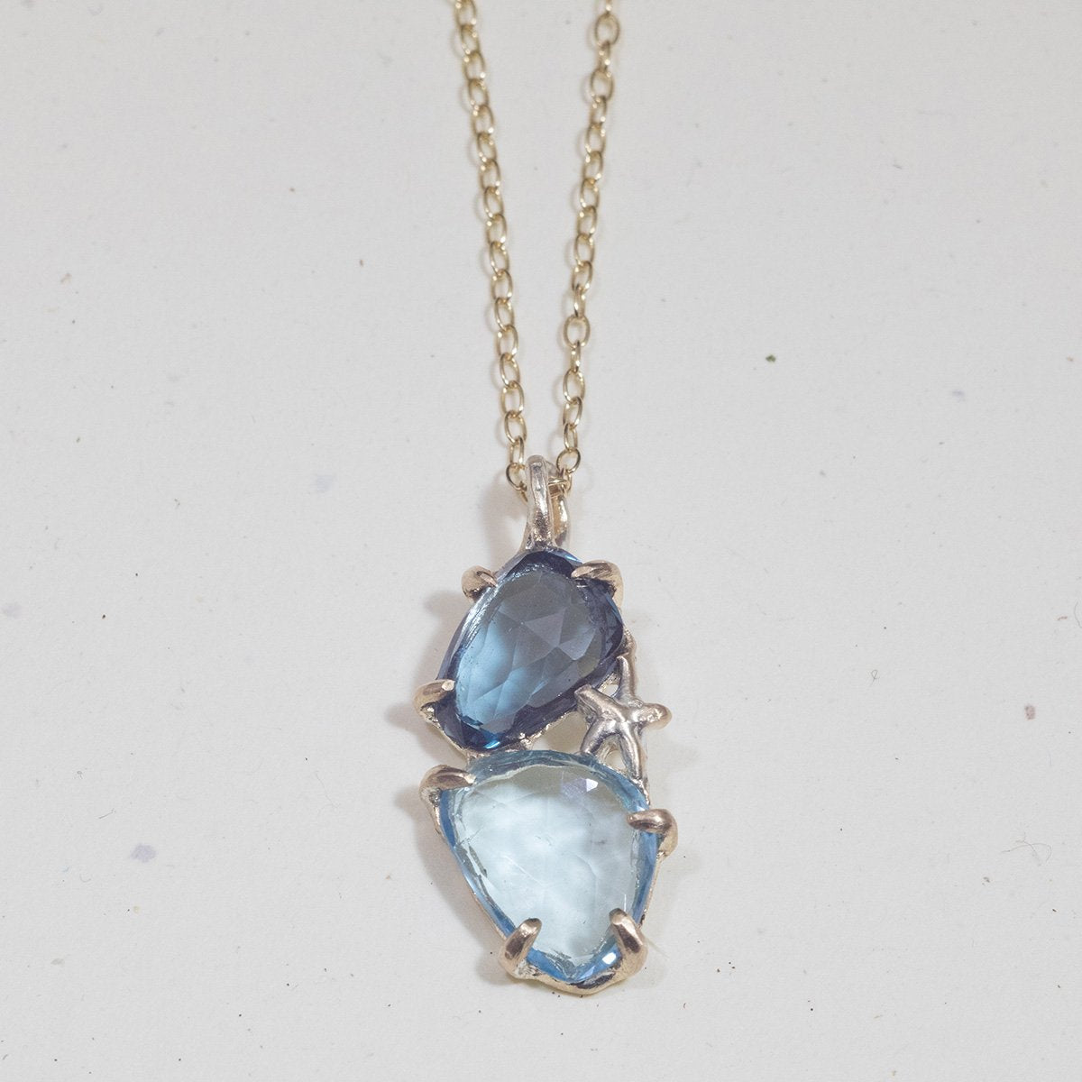 2 Shades of Blue Topaz with Golden Star Necklace (10k)
