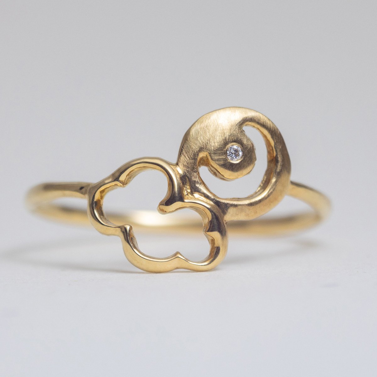 Gold Ring with Crescent Moon Peeking Through Clouds (18k)