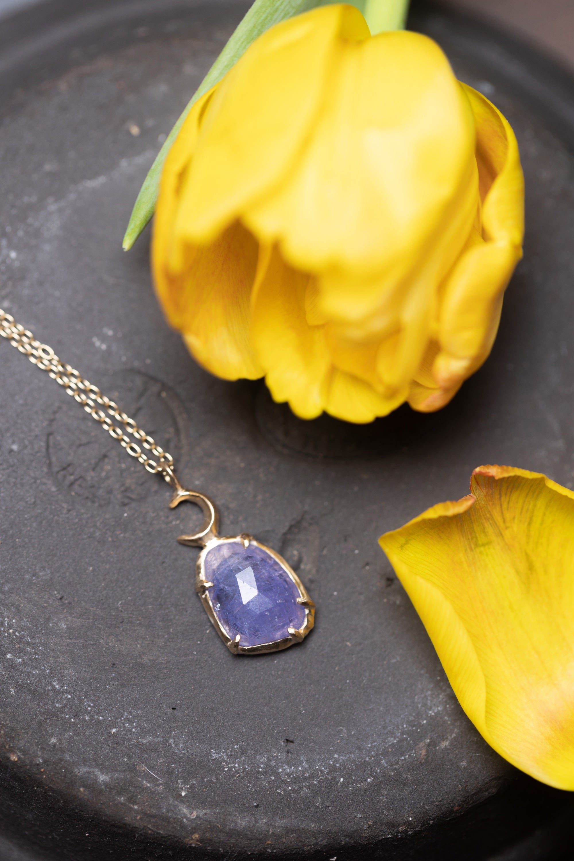 Tanzanite and Gold Crescent Moon Necklace (10k)