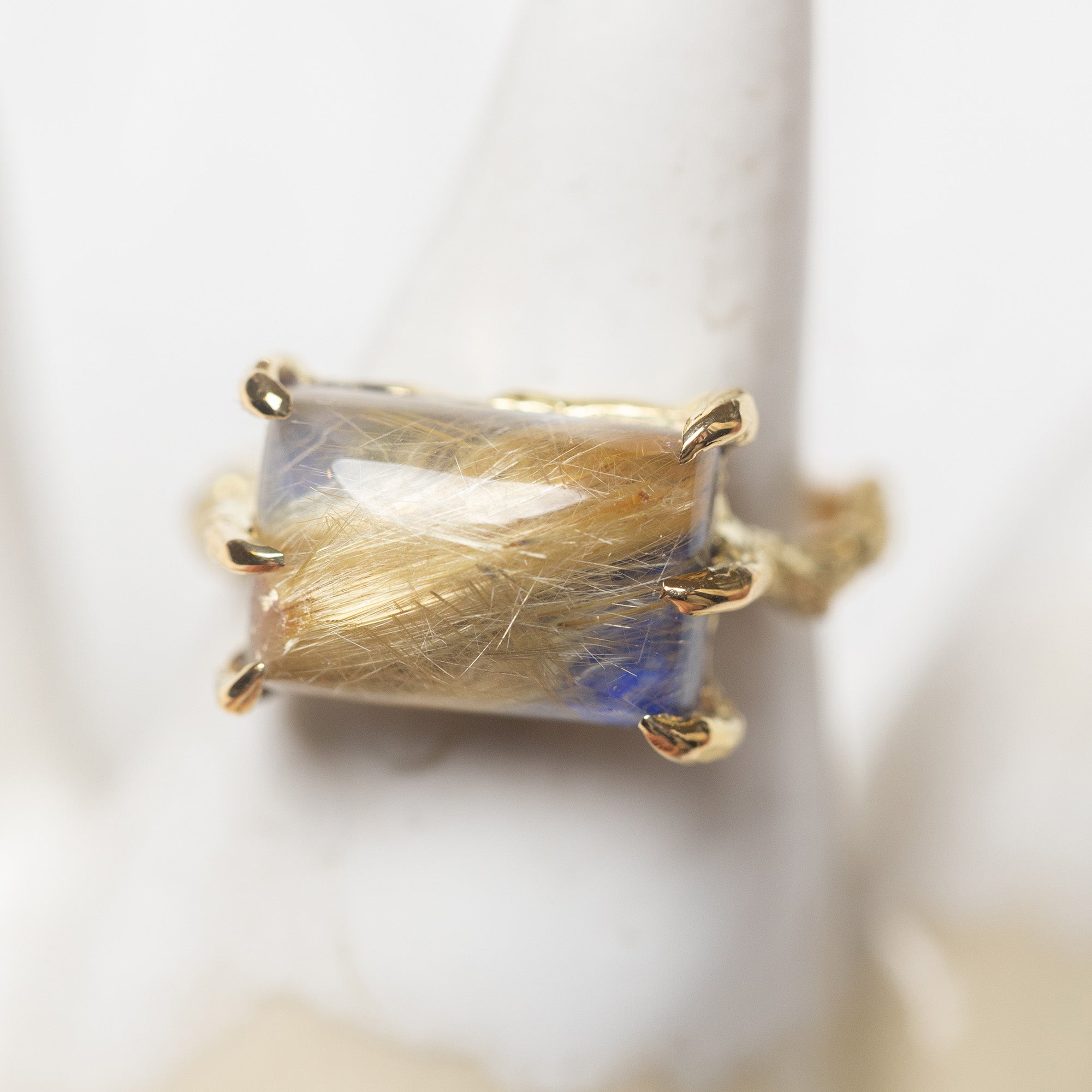 Rutilated Quartz and Lapis Ring on a Branch Ring (18k)