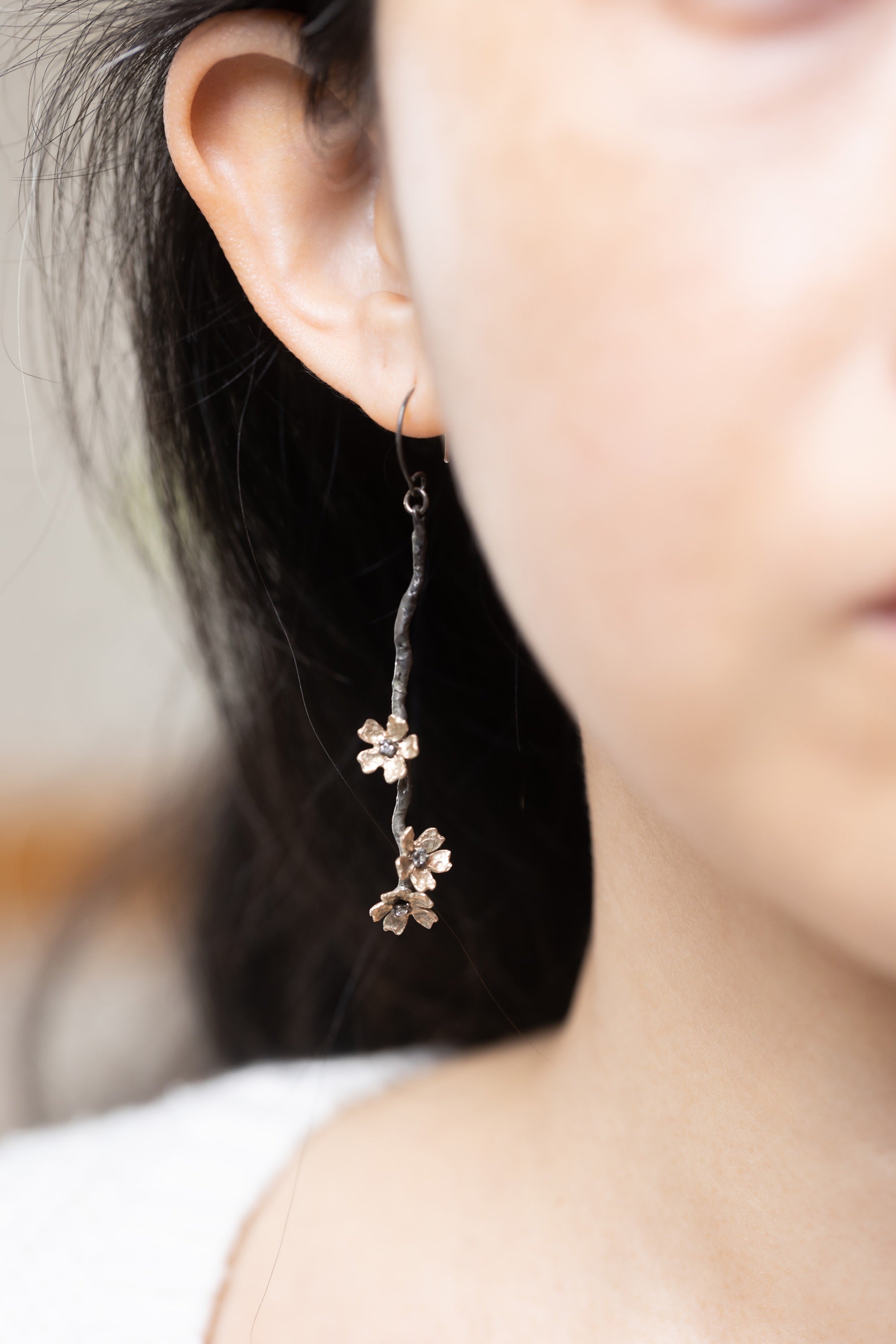 Six Small Sakura Cherry Blossoms on 5cm Long Branch Earrings