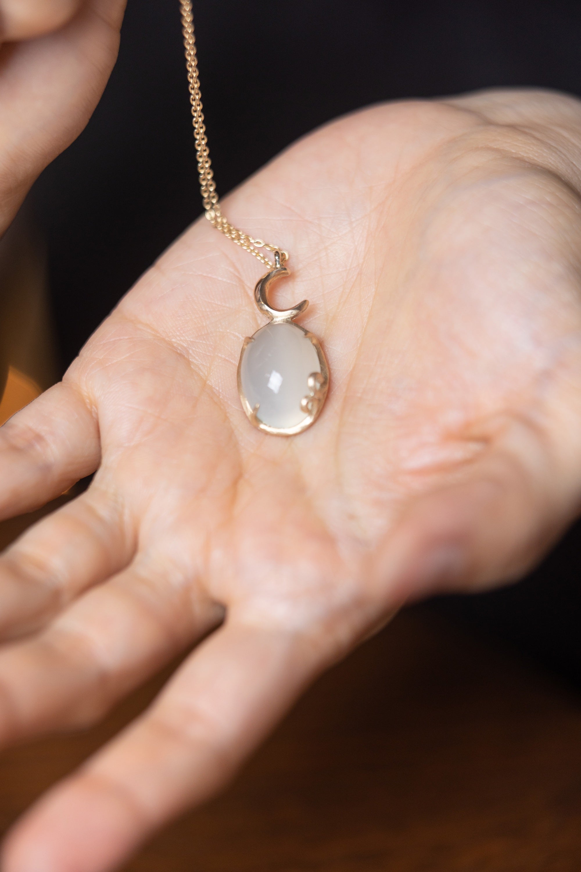 Large Moonstone Cabochon with Gold Crescent Moon Necklace (10k)