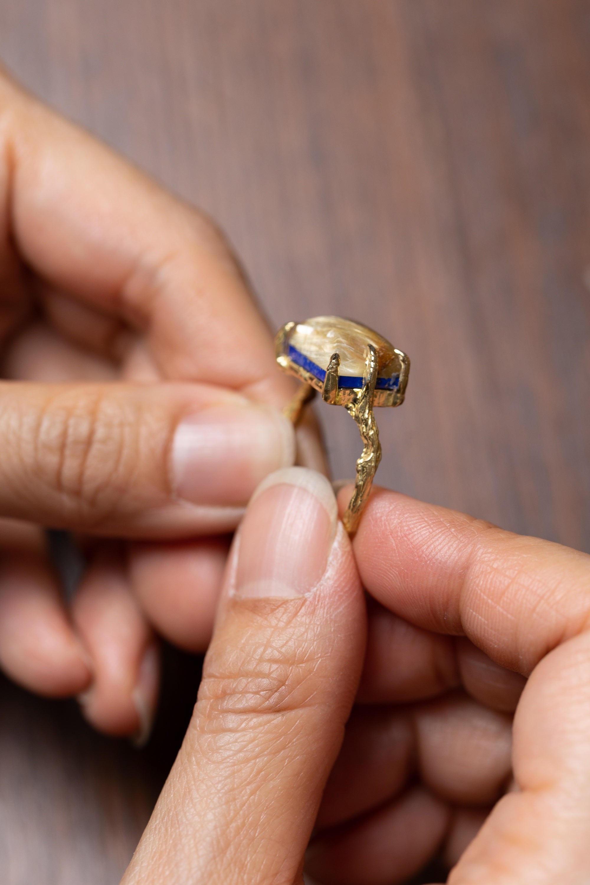 Rutilated Quartz and Lapis Ring on a Branch Ring (18k)