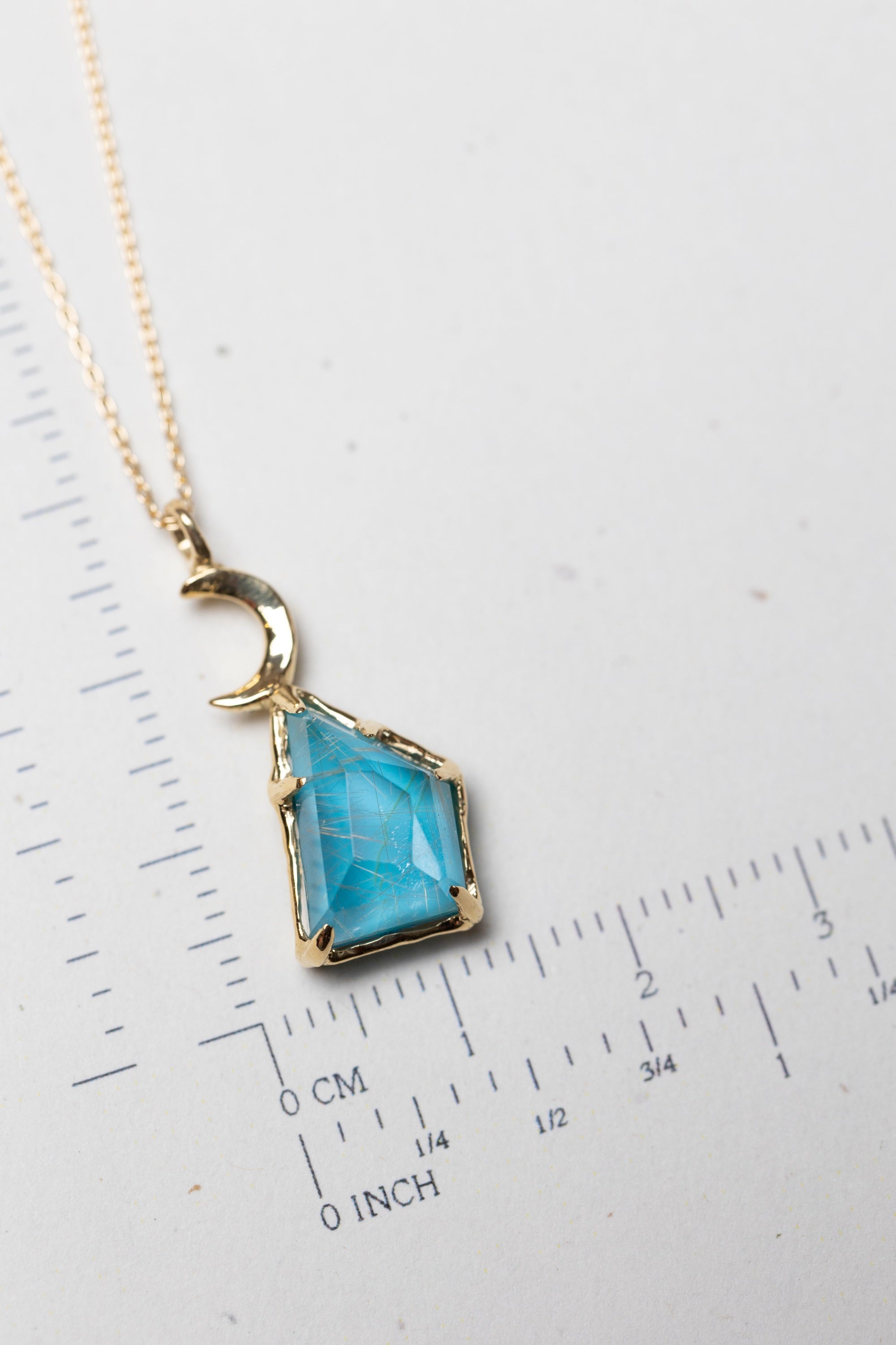 A Moon Shines Above An Ocean Blue Doublet Necklace (Turquoise and Rutilated Quartz on 18k)