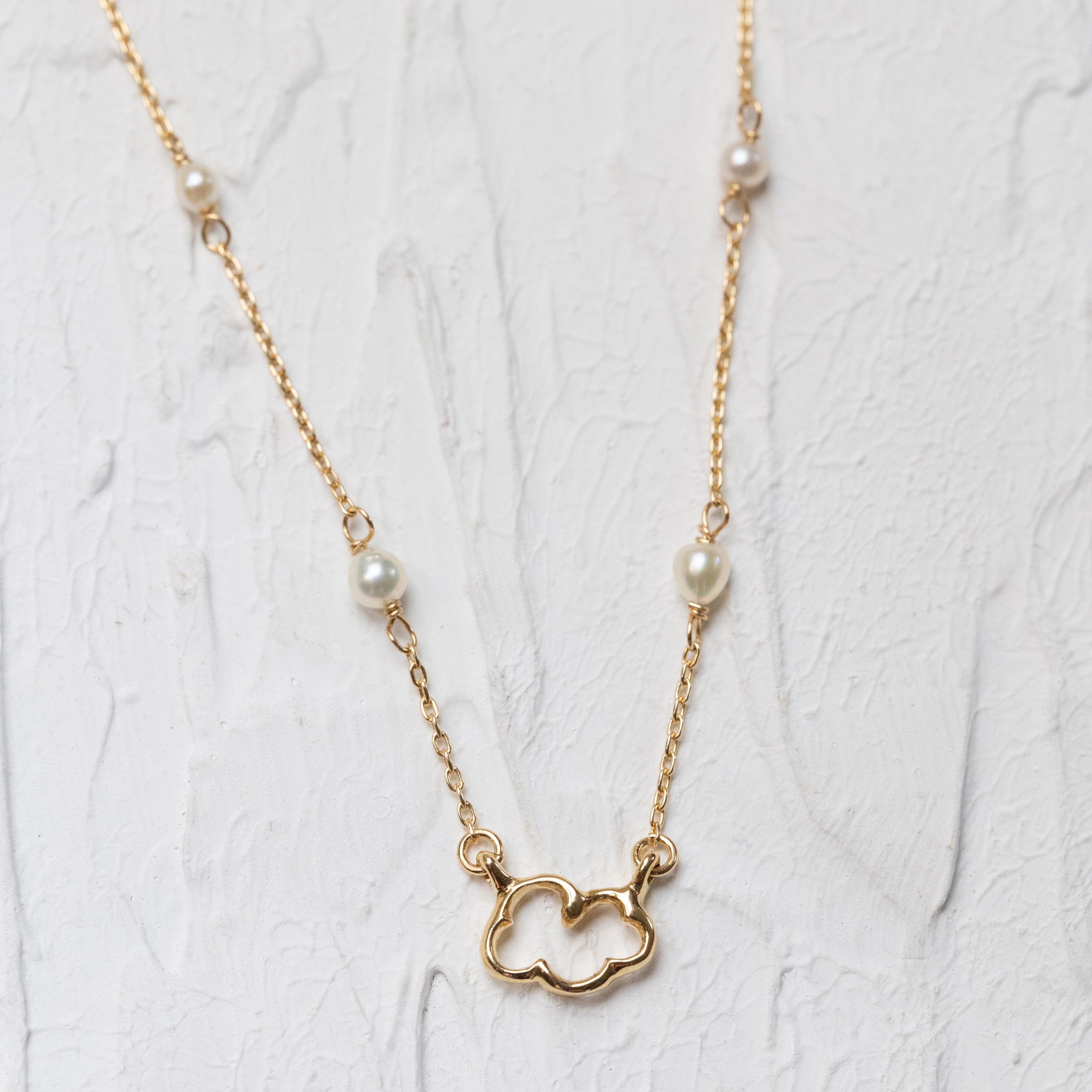 Fluffy Golden Cloud Necklace Stationed with Akoya Pearls