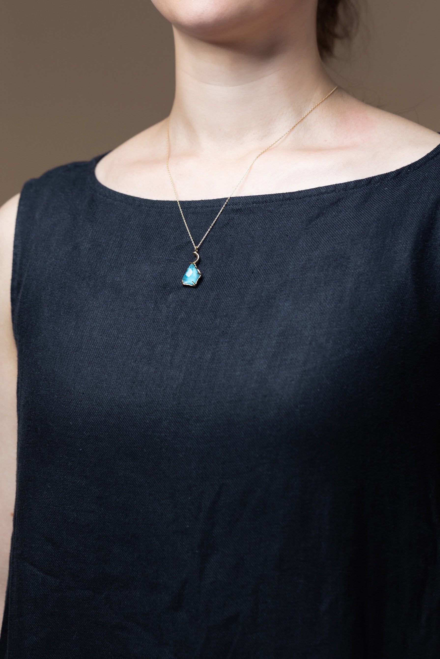A Moon Shines Above An Ocean Blue Doublet Necklace (Turquoise and Rutilated Quartz on 18k)