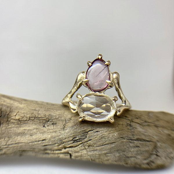 Quartz and Pink Sapphire Duo Ring in 10k