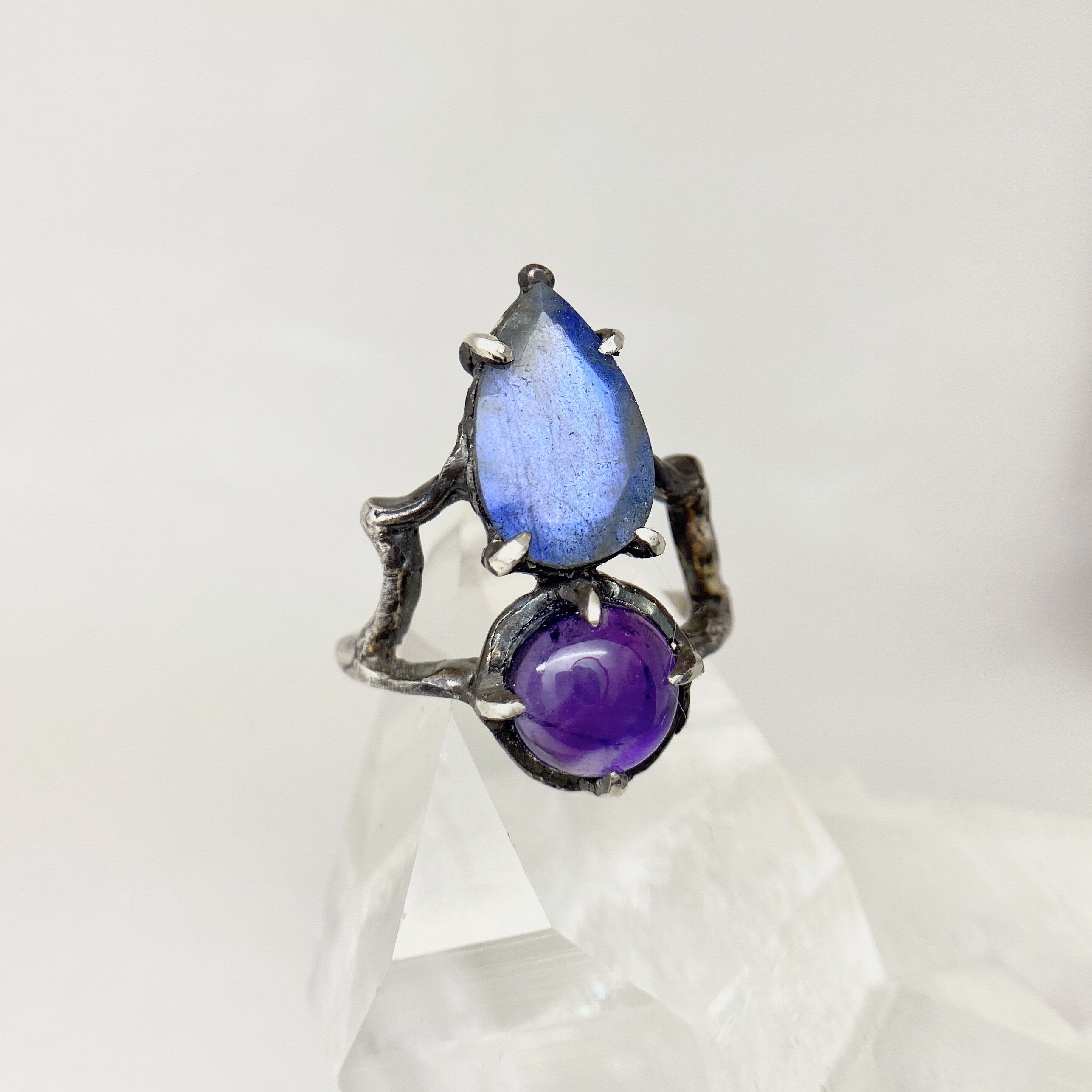 Labradorite and Amethyst Duo Ring in Oxidized Silver
