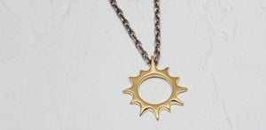 Large 18k Gold Sun on Oxidized Silver Chain Necklace