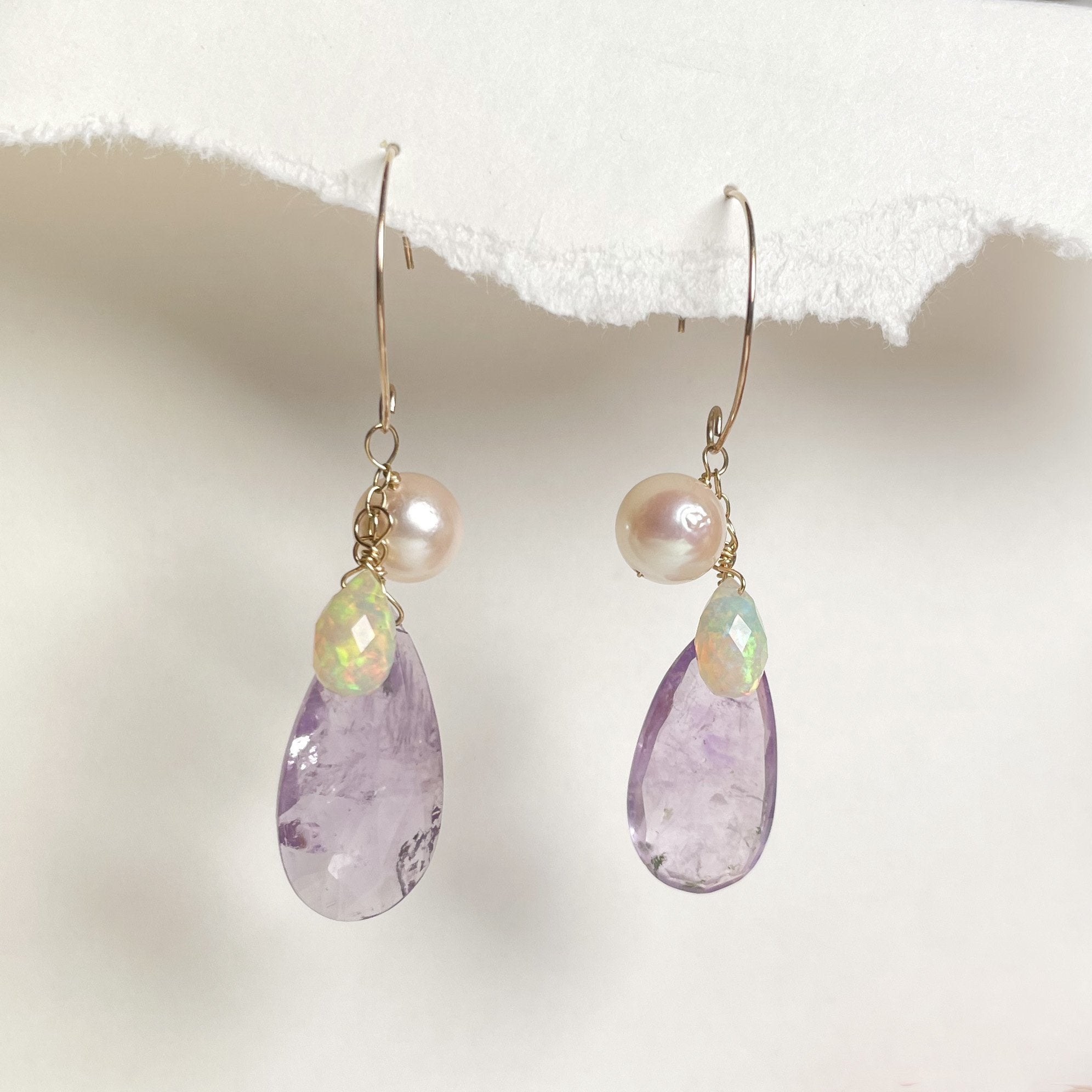 Lavender Amethyst Earrings with Akoya Pearl and Opal