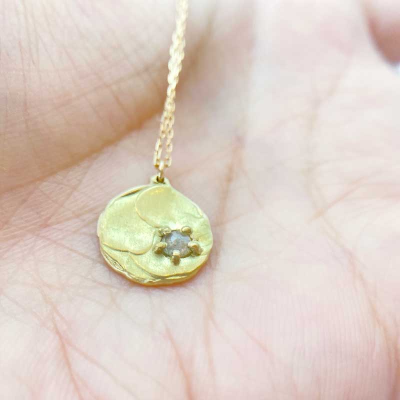 One Rustic Diamond on Textured Yellow Gold Disk Necklace (18k)