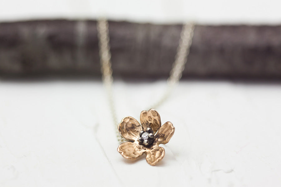 Silver Chain 10K Rose Gold Cherry Blossom Necklace with a Diamond