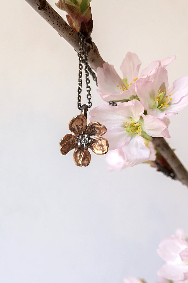 Silver Chain 10K Rose Gold Cherry Blossom Necklace with a Diamond