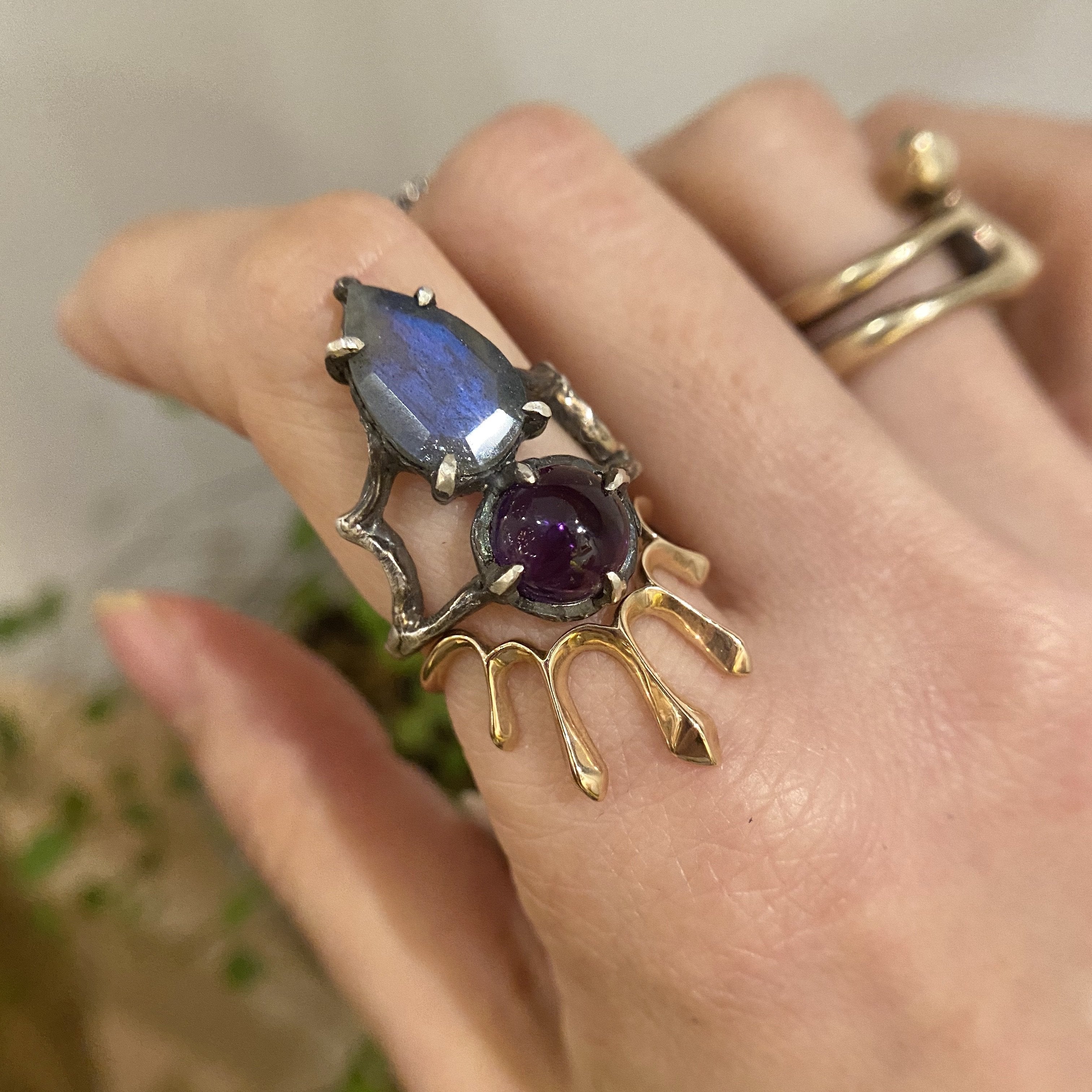 Labradorite and Amethyst Duo Ring in Oxidized Silver