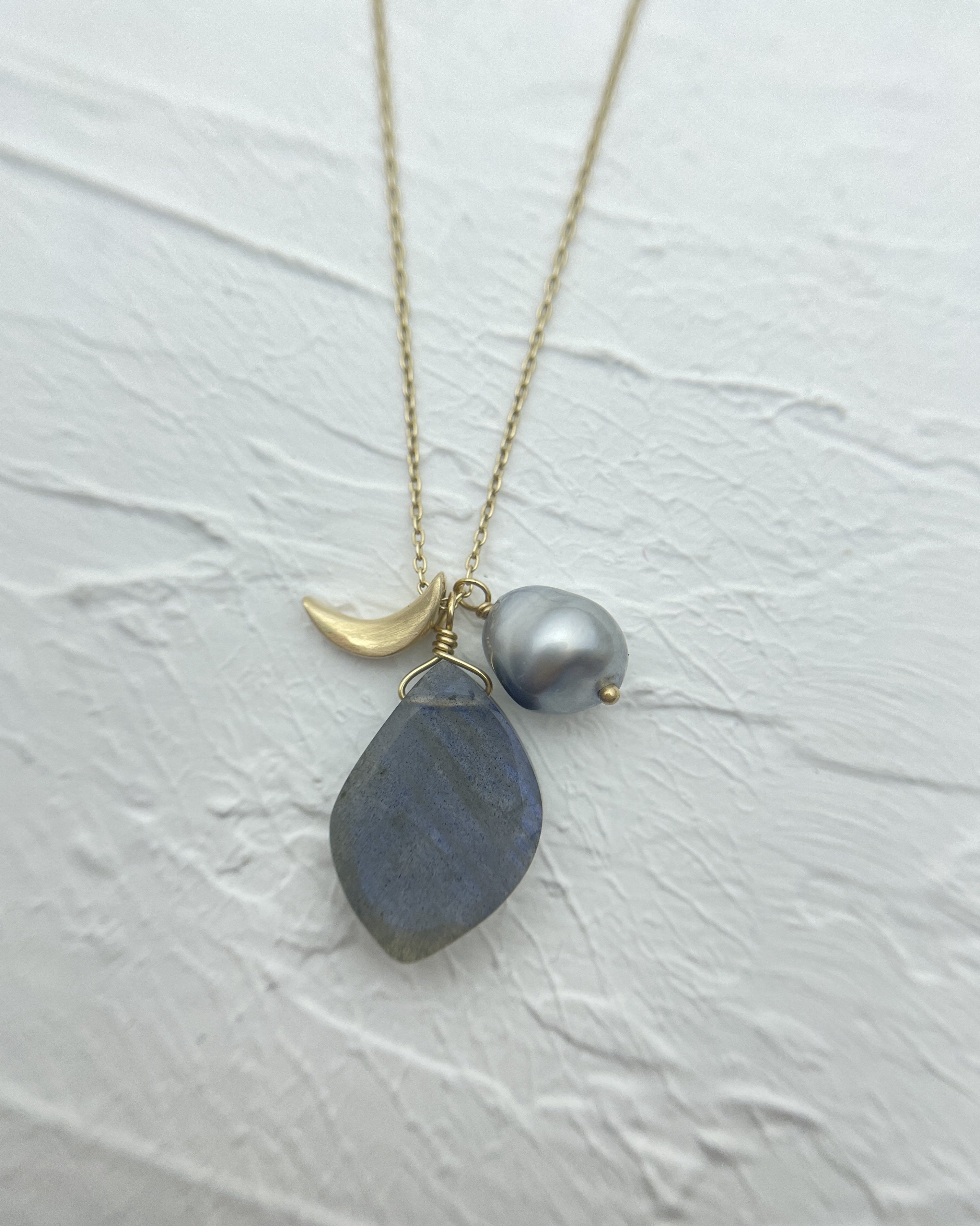 Three Charms, Moon, Labradorite and a Tahitian Pearl Necklace (10k)