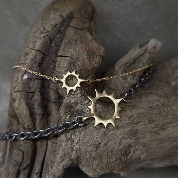 Large 18k Golden Sun on Oxidized Silver Chain Bracelet