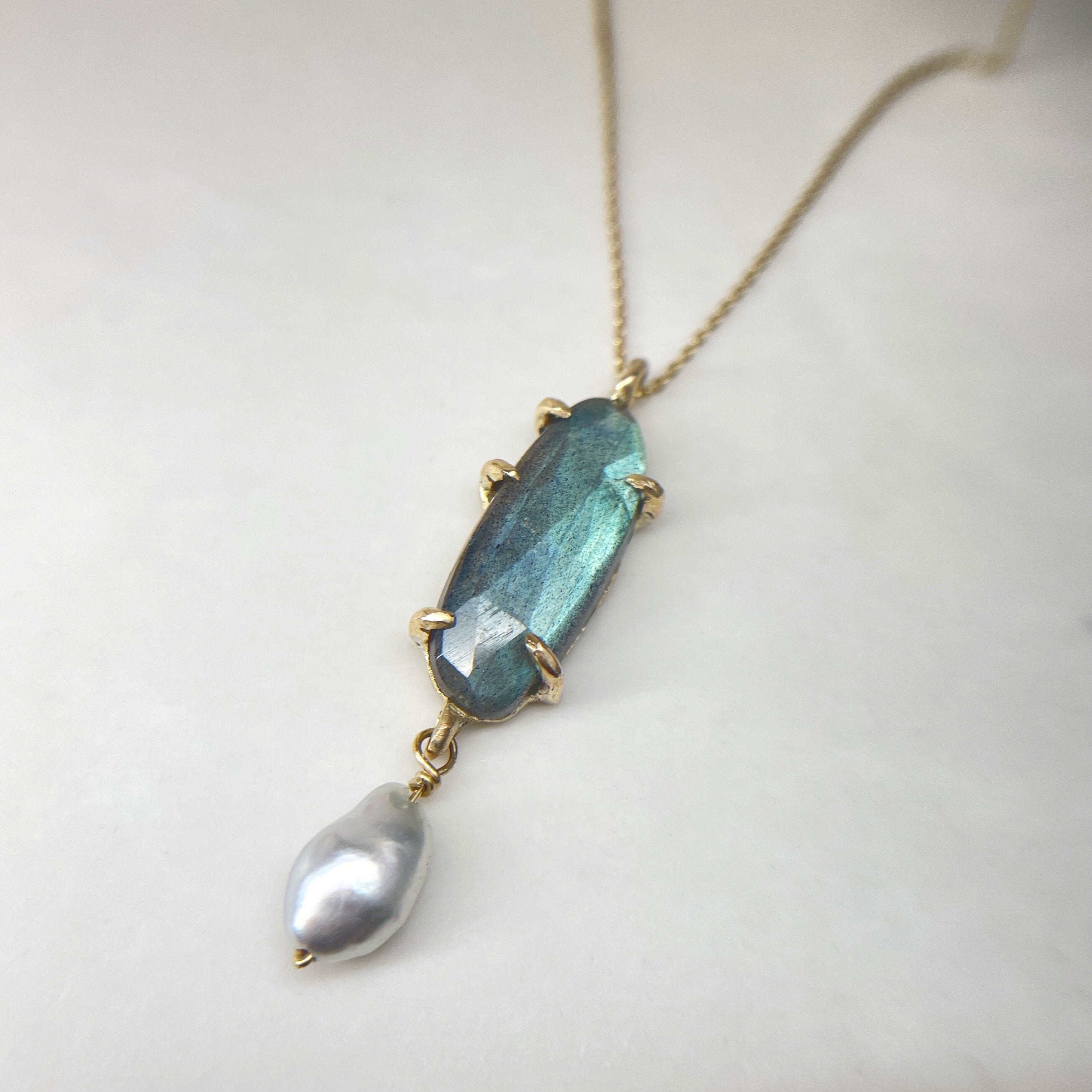 Elongated Labradorite with Keshi Pearl Necklace