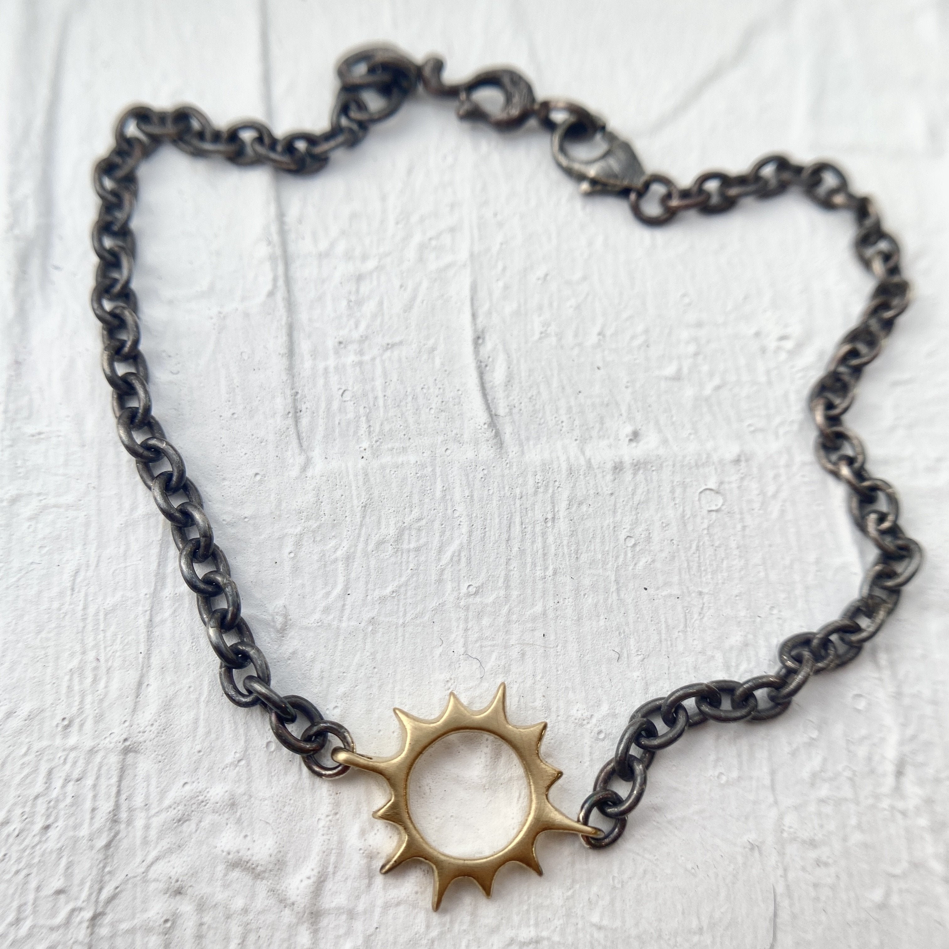 Large 18k Golden Sun on Oxidized Silver Chain Bracelet