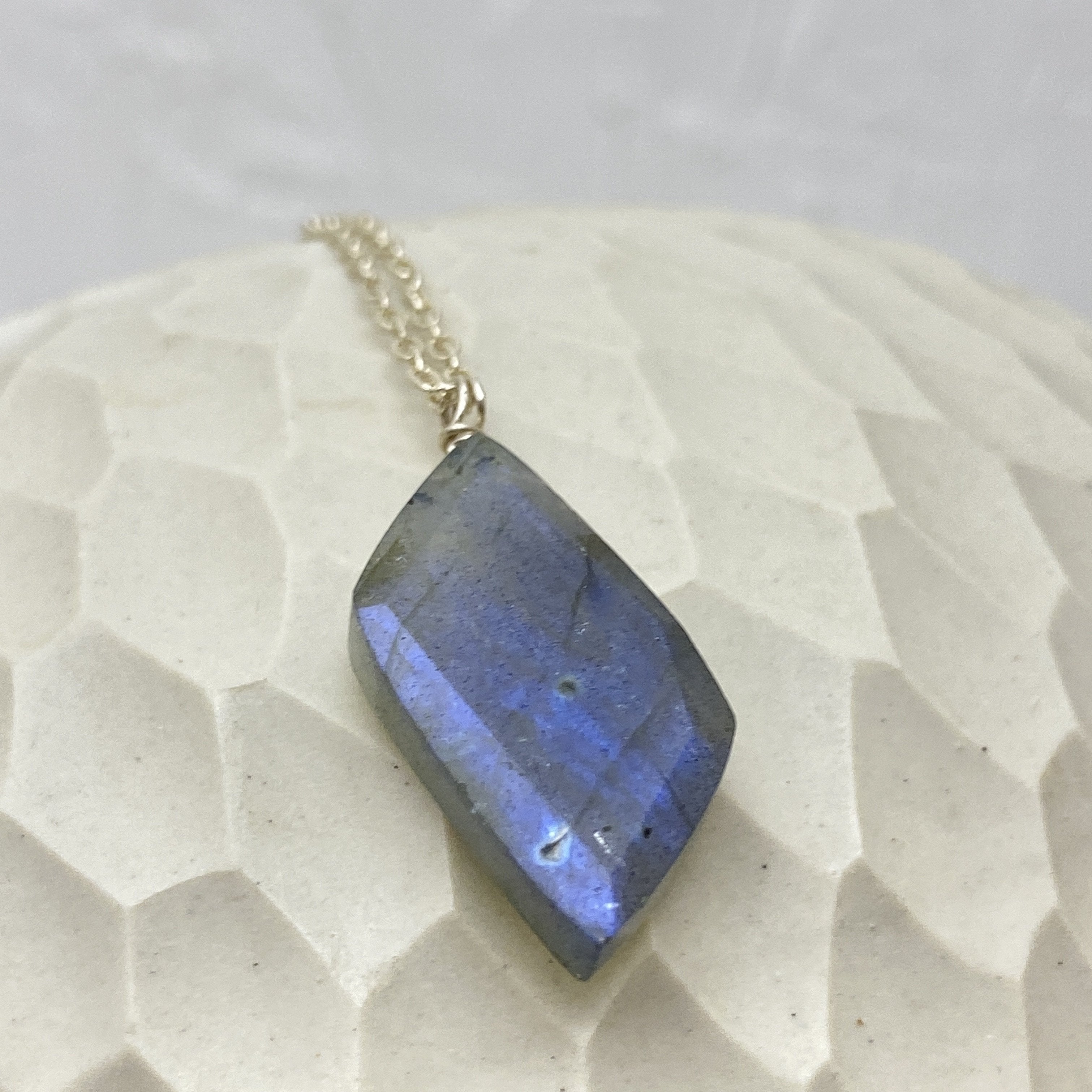 Flash of Bright Blue Labradorite on Long Textured Chain